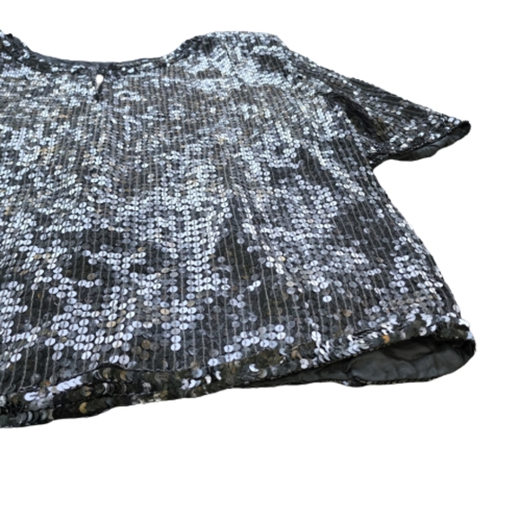 Womens XL Black Sequin Beaded Red Floral 100% Silk Glamourcore Mob WifeTop - Picture 4 of 8